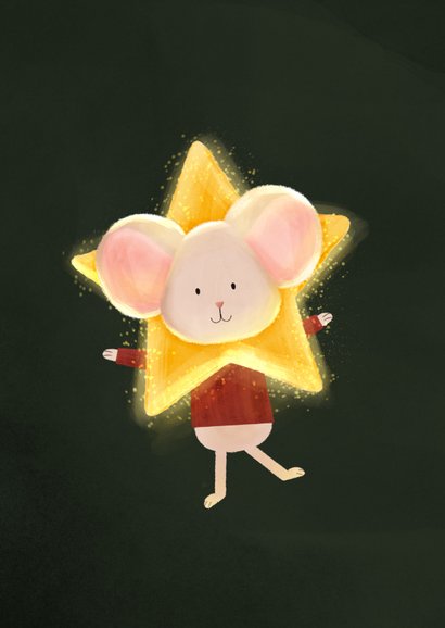 Kerstkaart lichtpuntjes muisje met ster om z'n hoofd  2