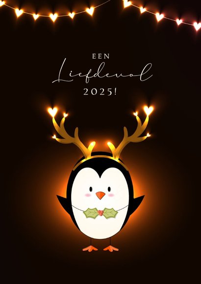 Kerstkaart lief vrolijk knuffel lichtgevende hartjes pinguïn 2