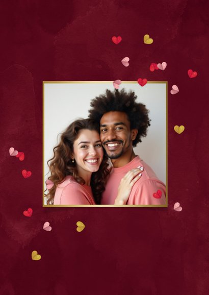 Kerstkaart liefdevolle feestdagen hartjes strik foto goud 2