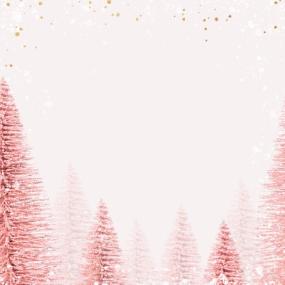 Kerstkaart magical pink merry christmas goud kerstbomen Achterkant