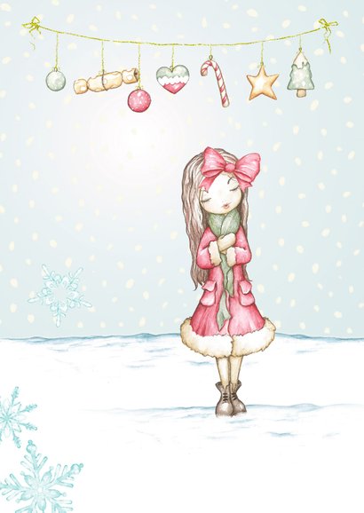 Kerstkaart meisje in de sneeuw met kerstversiering 2