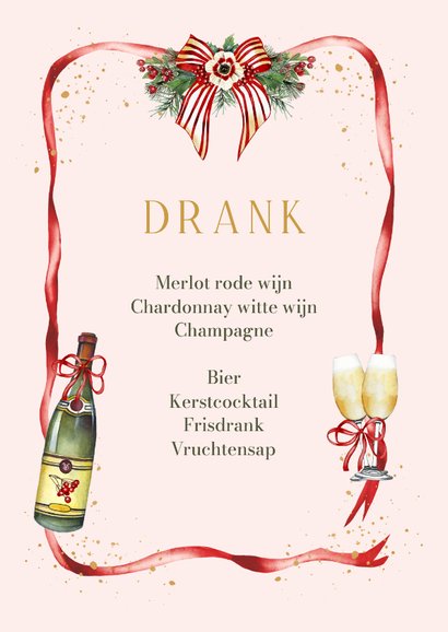 Kerstkaart menu met strik en kersttakken 2