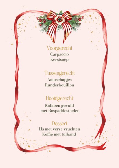 Kerstkaart menu met strik en kersttakken 3
