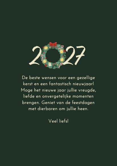 Kerstkaart met 2027 en kerstkrans goud sterretjes 3