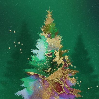 Kerstkaart met abstracte kerstboom in goud en groen 2