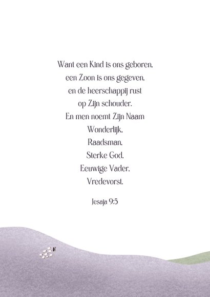 Kerstkaart met bijbeltekst en landschap met herder en stal 2