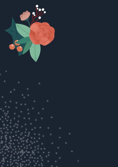 Kerstkaart met bloemen, kersttakjes en sneeuw 2