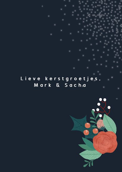 Kerstkaart met bloemen, kersttakjes en sneeuw 3