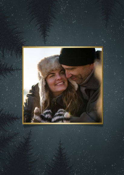 Kerstkaart met bomen, sneeuw, foto en 'Fijne Feestdagen' 2