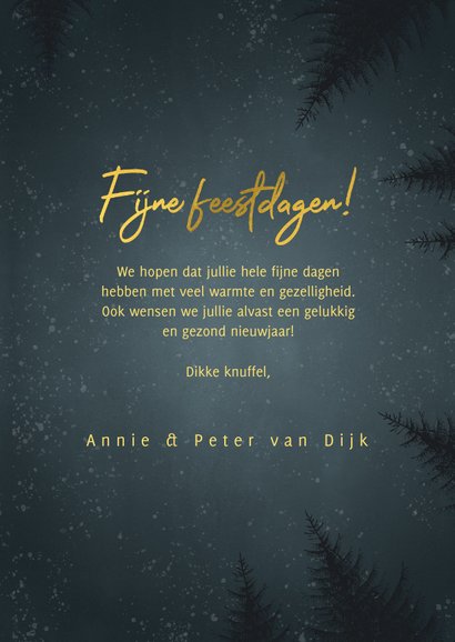 Kerstkaart met bomen, sneeuw, foto en 'Fijne Feestdagen' 3