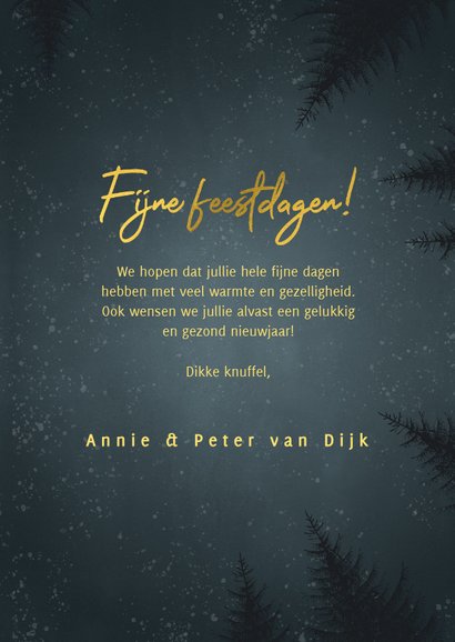 Kerstkaart met bomen, sneeuw, foto en 'Fijne Feestdagen' 3