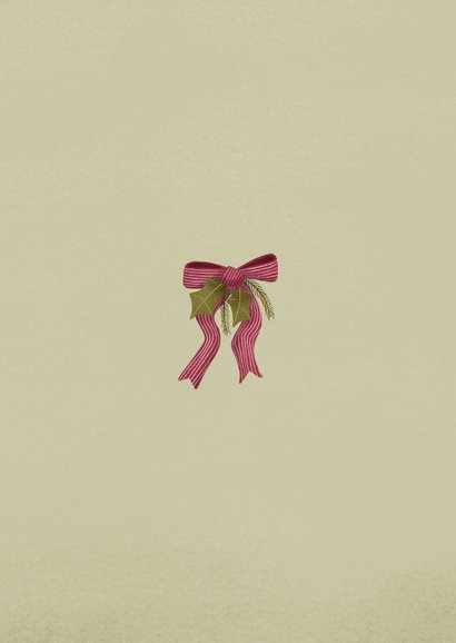 Kerstkaart met christelijke tekst en kerstgroen en strik Achterkant