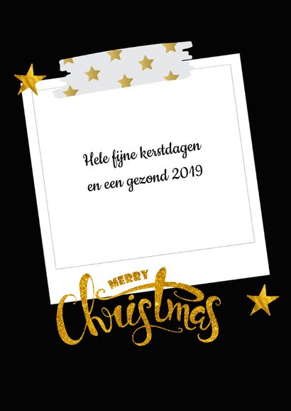 Kerstkaart met collage op zwart met gouden sterren 3