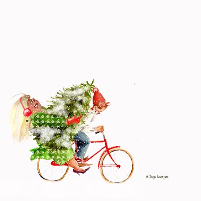 Kerstkaart met de kerstboom op de fiets 2