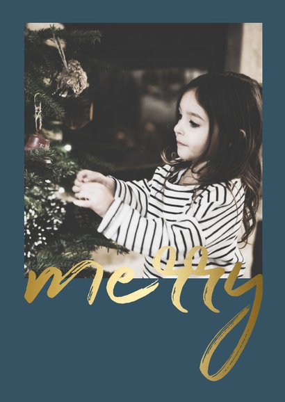Kerstkaart met gouden 'merry' en een foto 2