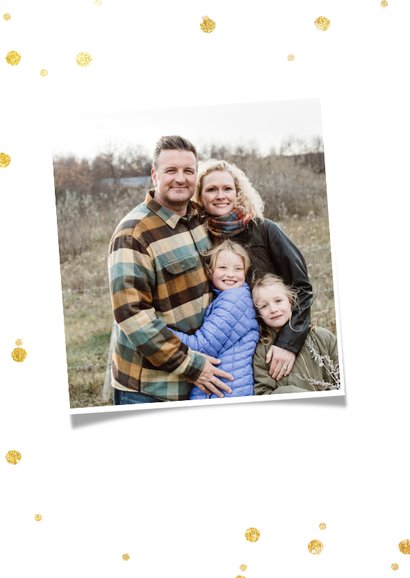 Kerstkaart met grote eigen foto en witte sneeuw rand & label 2