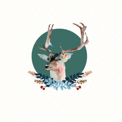 Kerstkaart met hert en botanisch kerstdecoratie 2