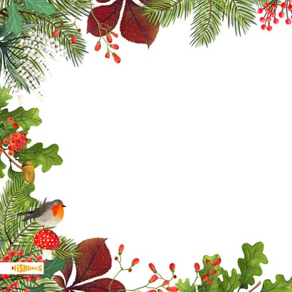 Kerstkaart met hert, roodborstjes en takjes 2