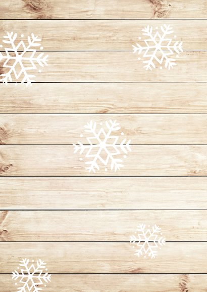 Kerstkaart met hout-look, eigen foto's & sneeuweffect Achterkant