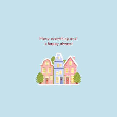 Kerstkaart met huisjes in de sneeuw en kerstbomen 2