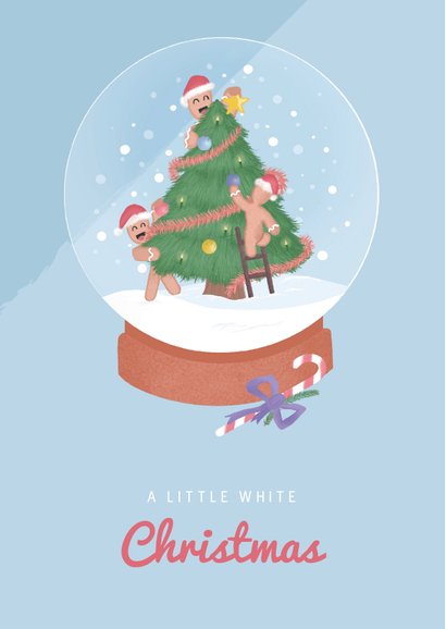 Kerstkaart met illustratie van een kerstboom in sneeuwbol 2