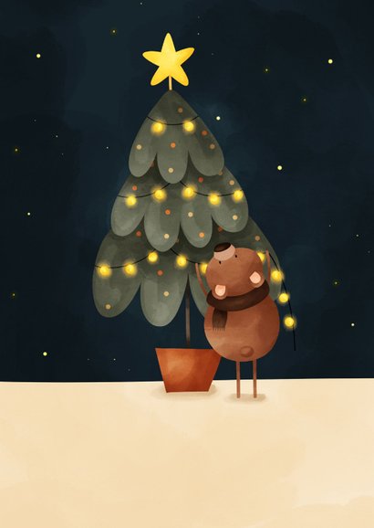 Kerstkaart met illustratie van kerstboom met ster en beertje 2