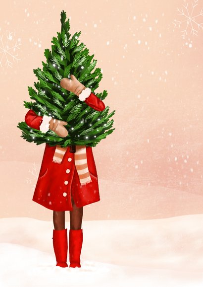 Kerstkaart met illustratie van vrouw met kerstboom 2
