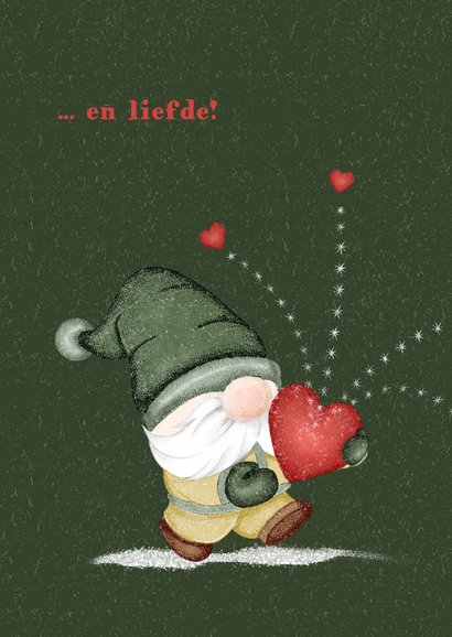 Kerstkaart met kabouter die hartjes uitdeelt 2