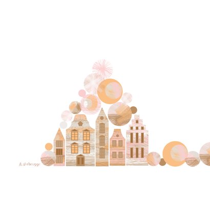 Kerstkaart met kerstballen en Amsterdam huisjes 2