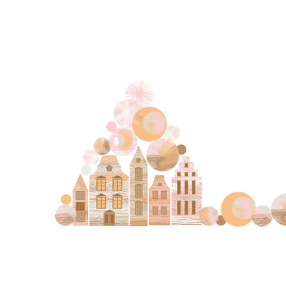 Kerstkaart met kerstballen en Amsterdam huisjes 2