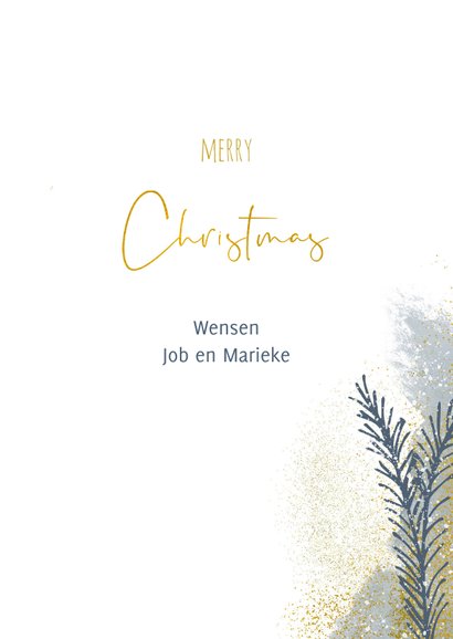 Kerstkaart met kerstboom takjes en goud en waterverf 3