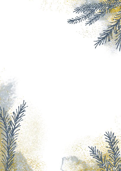 Kerstkaart met kerstboom takjes en goud en waterverf Achterkant