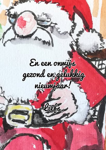 Kerstkaart met kerstman bij de boom 3