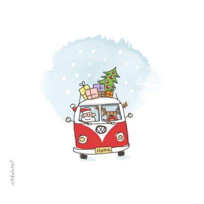 Kerstkaart met kerstman en 3 rendieren in vw busje 2