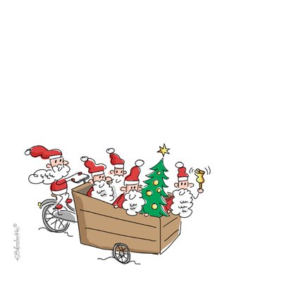 Kerstkaart met kerstmannetjes en kerstboom in bakfiets 2