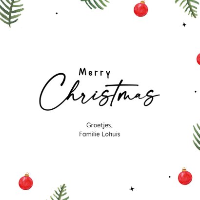 Kerstkaart met kersttakken en kerstballen in kerstkleuren 3