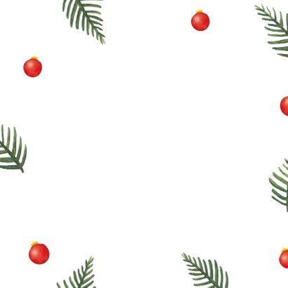 Kerstkaart met kersttakken en kerstballen in kerstkleuren Achterkant