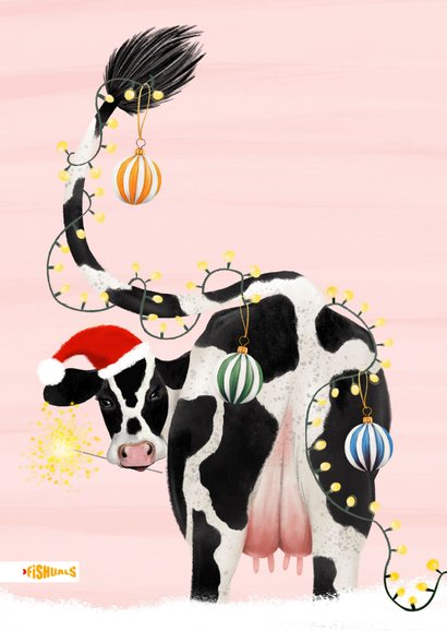 Kerstkaart met koe en veel lichtjes 2