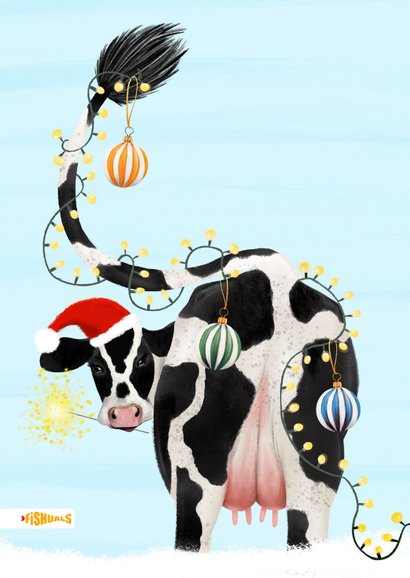 Kerstkaart met koe lichtjes en kerstballen 2