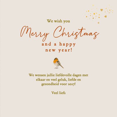 Kerstkaart met krans, roodborstje en sneeuwvlokjes 3
