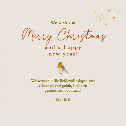 Kerstkaart met krans, roodborstje en sneeuwvlokjes 3