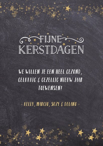 Kerstkaart met krijtbord achtergrond en gouden sterren 3