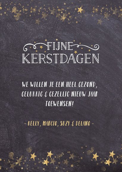 Kerstkaart met krijtbord achtergrond en gouden sterren 3