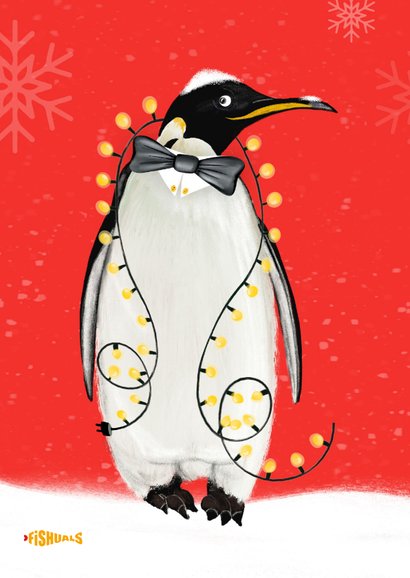 Kerstkaart met pinguïn met kerstlichtjes 2