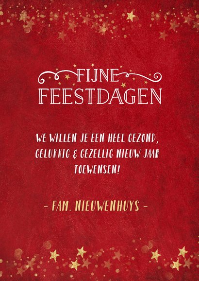 Kerstkaart met rode achtergrond en gouden sterren 3