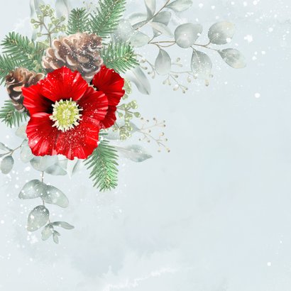 Kerstkaart met rode kerstroos en eucalyptus 2