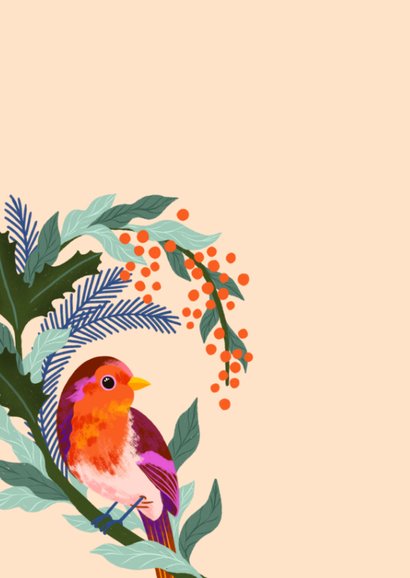 Kerstkaart met roodborstje op kersttak 2