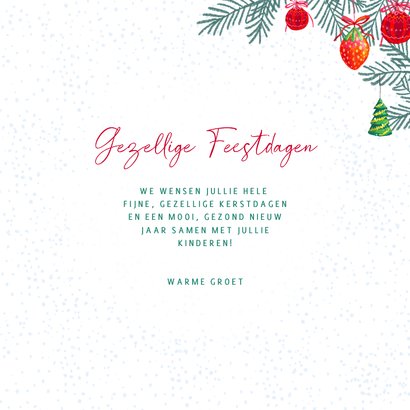 Kerstkaart met sneeuwman en kerstballen 3