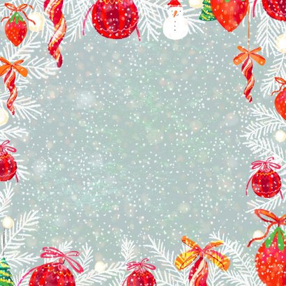 Kerstkaart met sneeuwman en kerstballen Achterkant