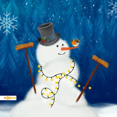 Kerstkaart met sneeuwpop en roodborstje in de sneeuw 2
